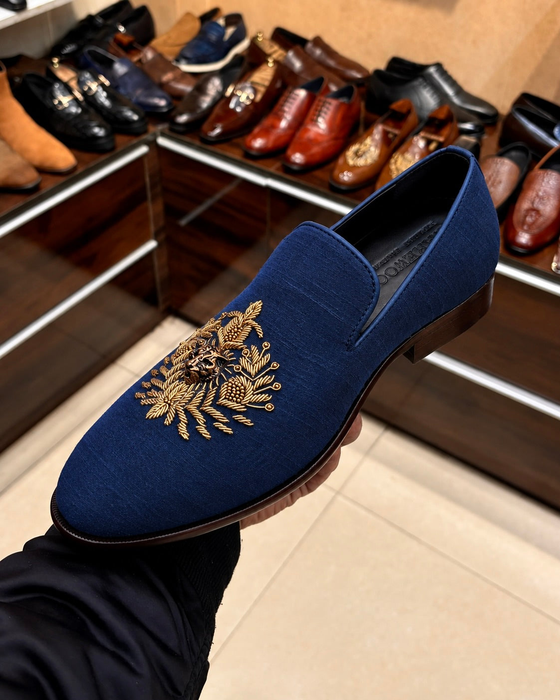 Navy Blue Raw Silk Hand-embroidered Loafers