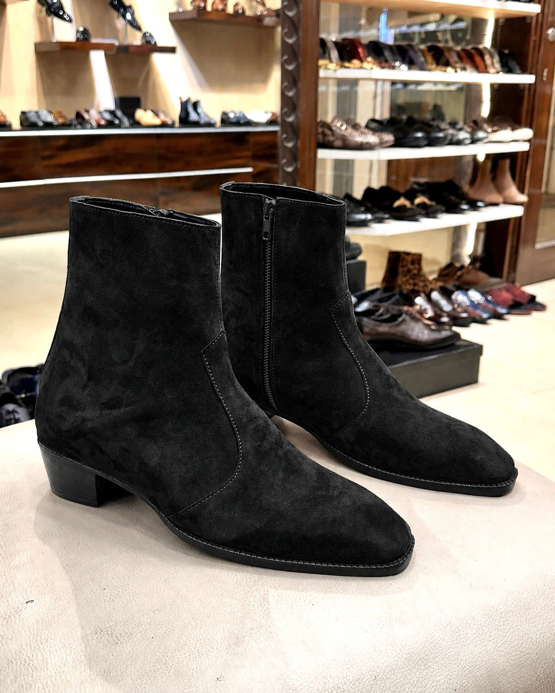 High-top Black Suede Boots With Cuban Heel