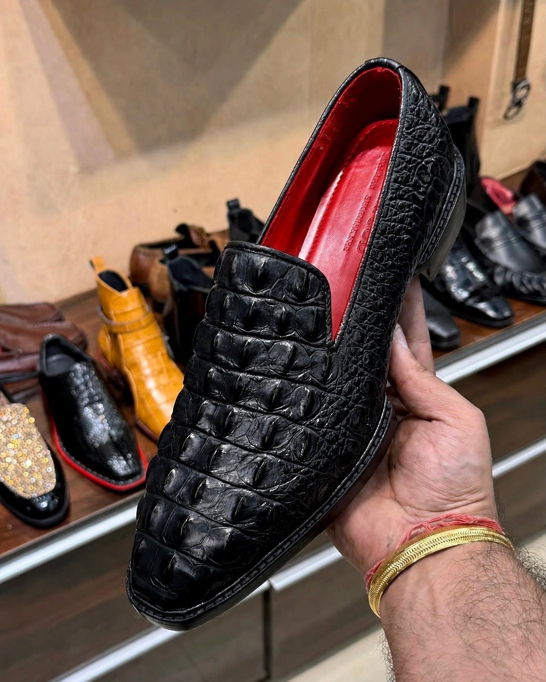 Exotic Black Alligator Scaled Loafers With Red Interior