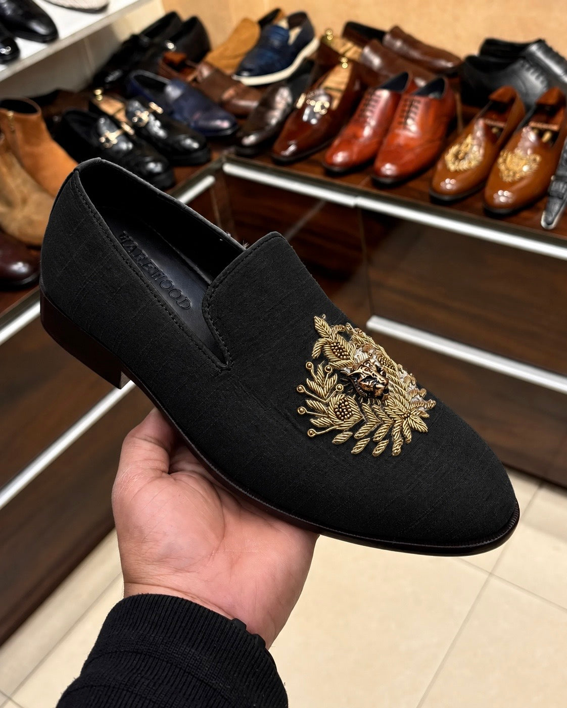 Black Raw Silk Hand-embroidered Loafers