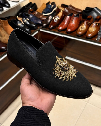 Black Raw Silk Hand-embroidered Loafers