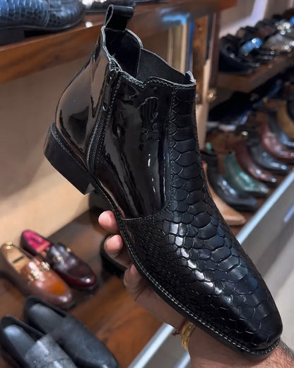 Black Mirror Gloss Cobra Scaled Low-top Zip Boots