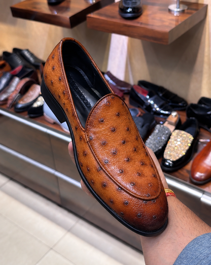 Burnished Tan Real Ostrich Skin Belgian Loafers
