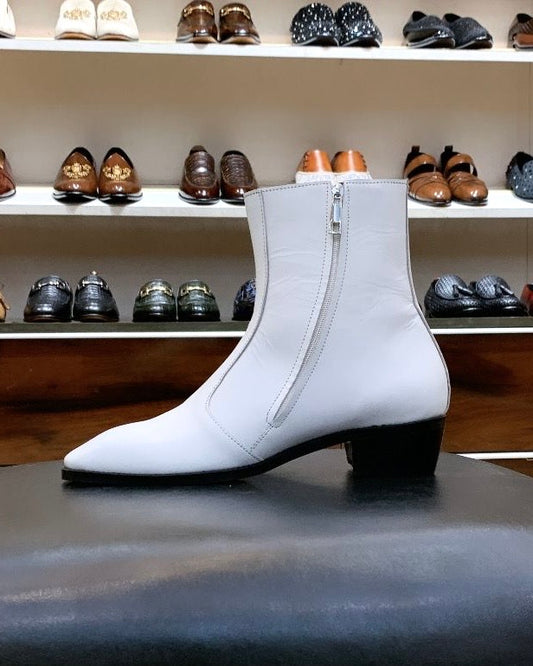 White Calfskin Leather Cuban Heel Boots With Zip