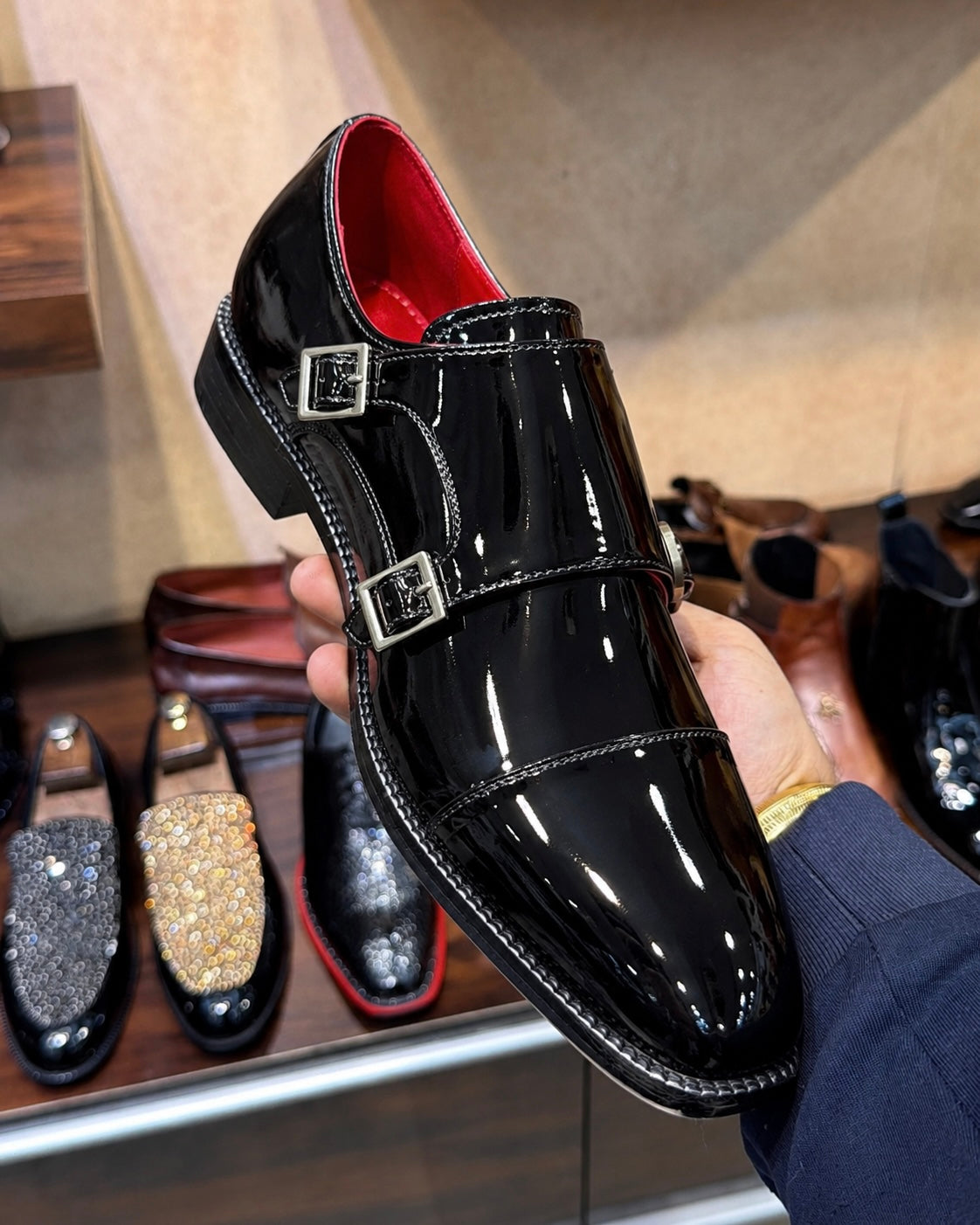Black Patent Leather Double Monk Strap Shoes