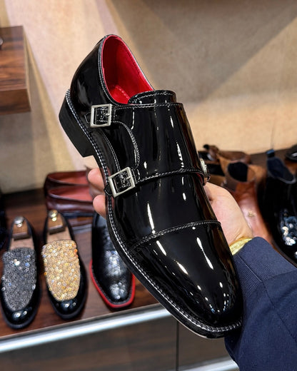 Black Patent Leather Double Monk Strap Shoes