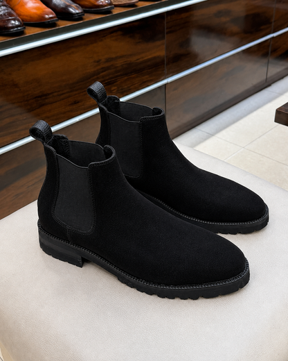 Chunky Black Suede Lug Sole Chelsea Boots