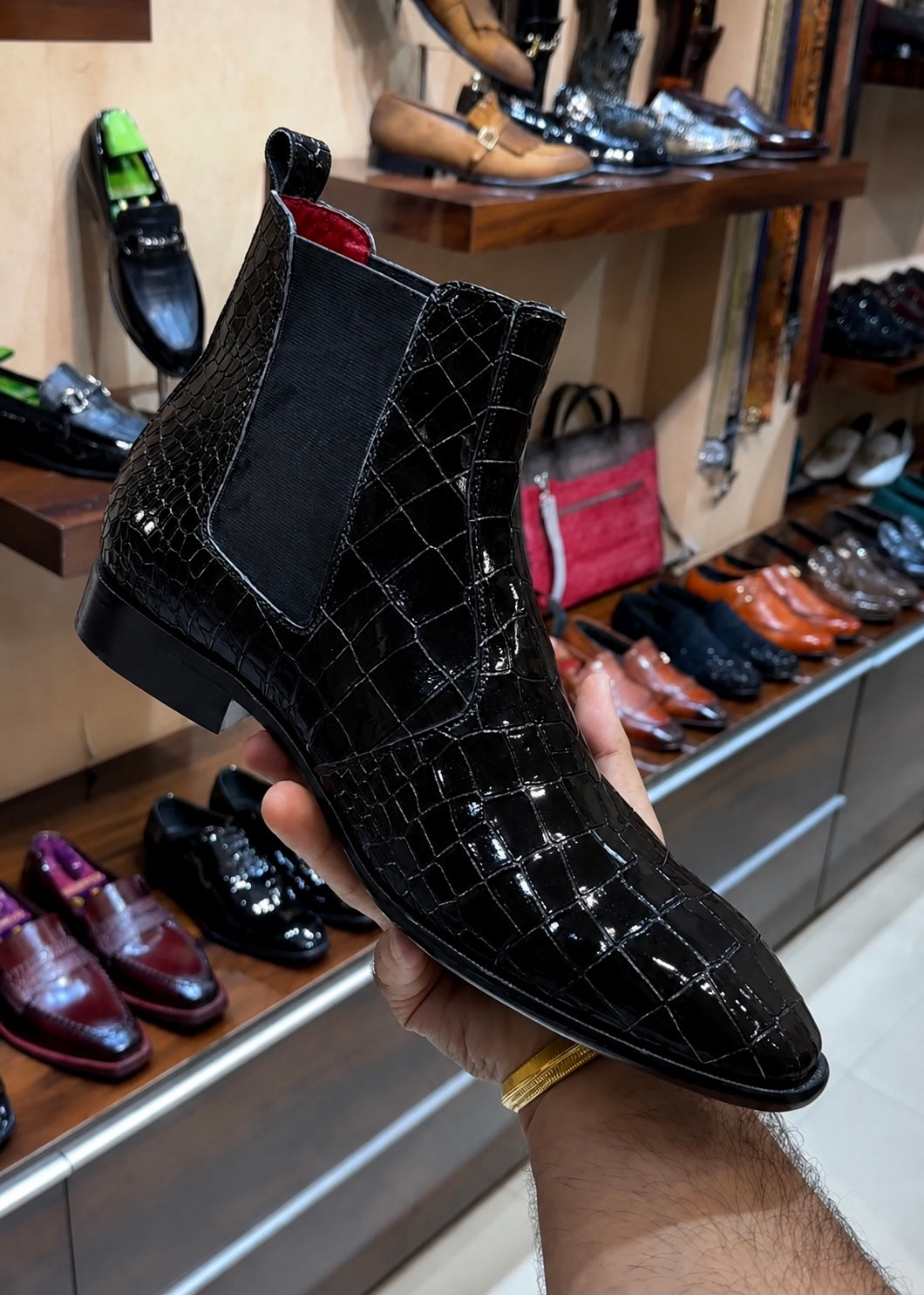 Black Patent Croc Chelsea Boots