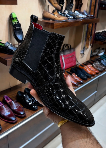 Black Patent Croc Chelsea Boots