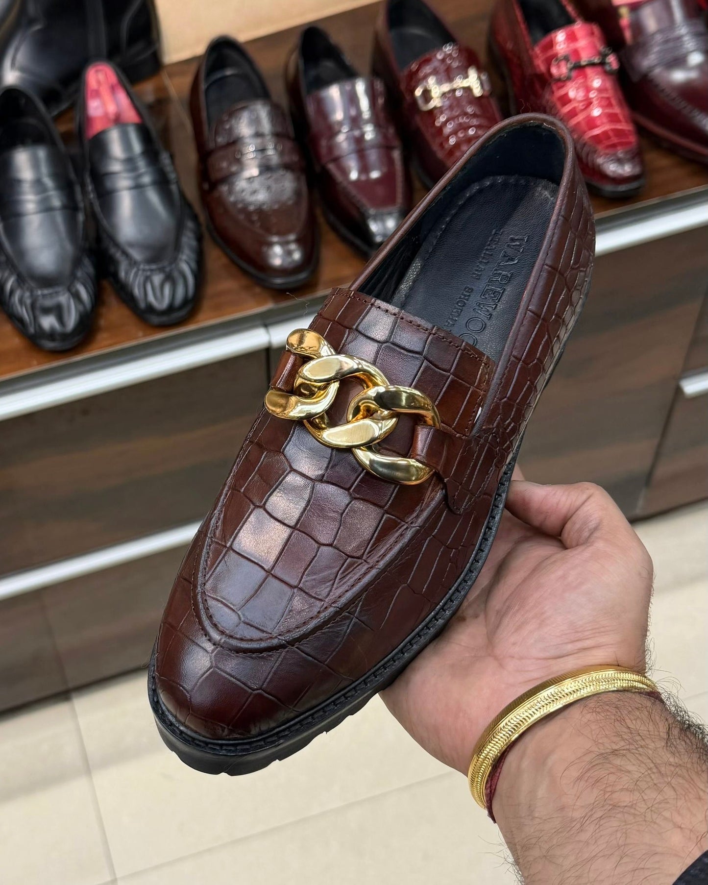 Medium Brown Croco Gold Chain Lug Sole Loafers