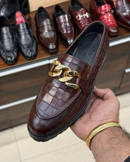 Medium Brown Croco Gold Chain Lug Sole Loafers