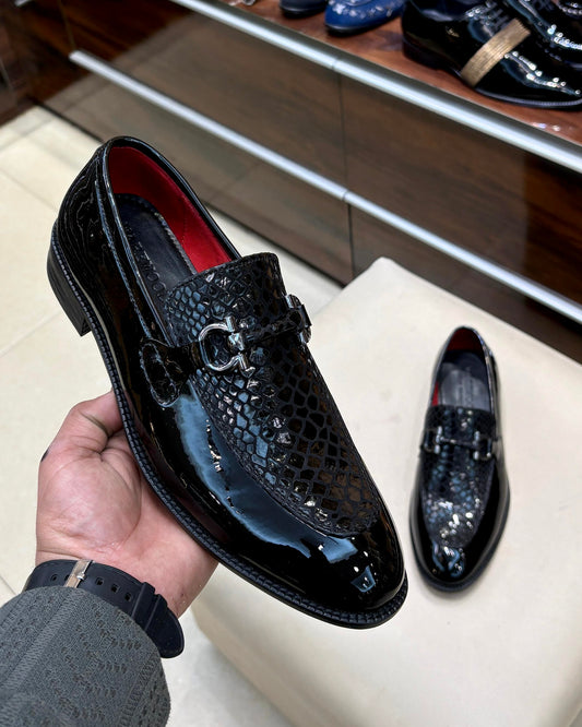 Black Patent & Snake Foil Leather Horsebit Loafers with Red Lining