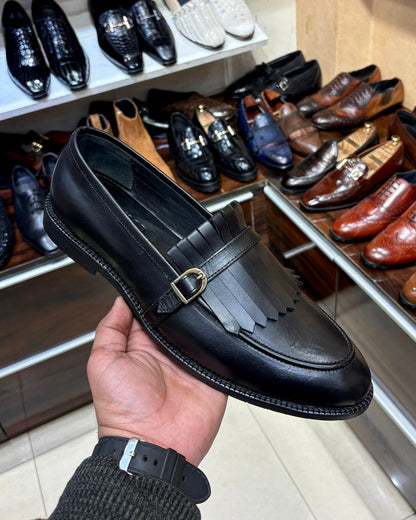 Black Fringe Loafers with Rubber Sole
