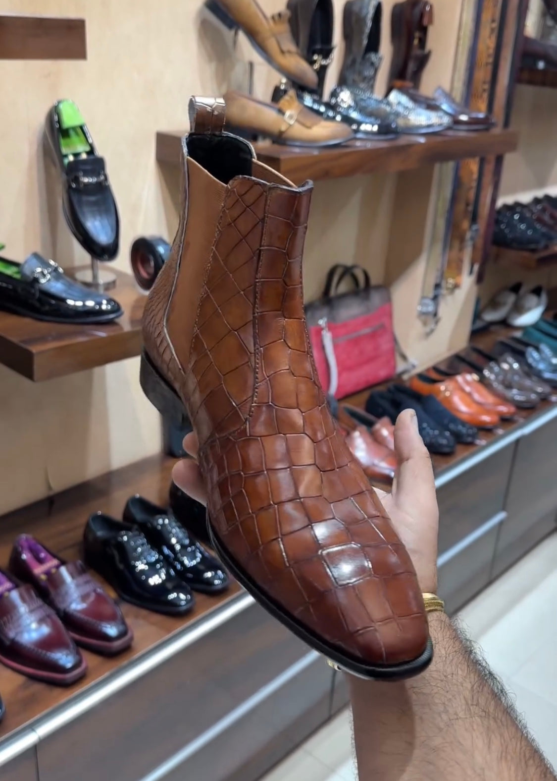 Tan Patina Croc Scaled Chelsea Boots