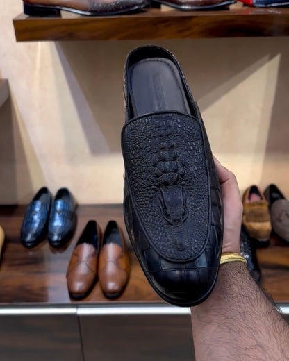 The Boss Mules in Satin Black Alligator Scaled Leather