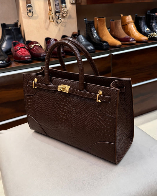 Dark Brown Cobra Scaled Top Handle Handbag