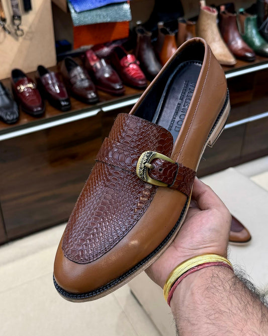 Brown Two-tone Cobra Scaled Single Monk Strap Loafers