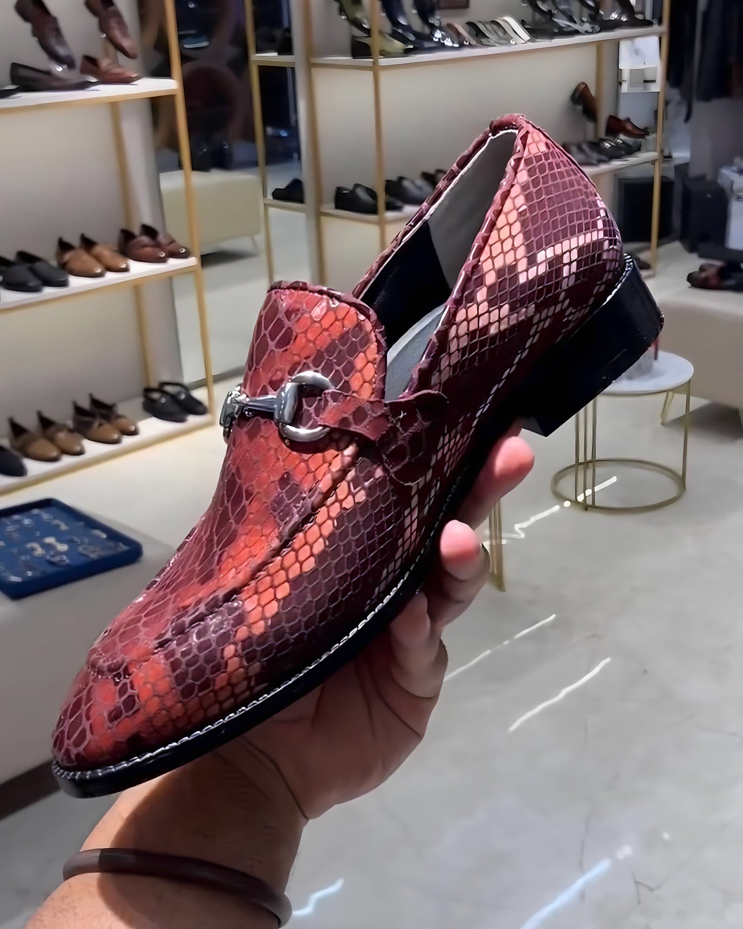 Exotic Mirror Gloss Snake Moccasins with Silver Buckle