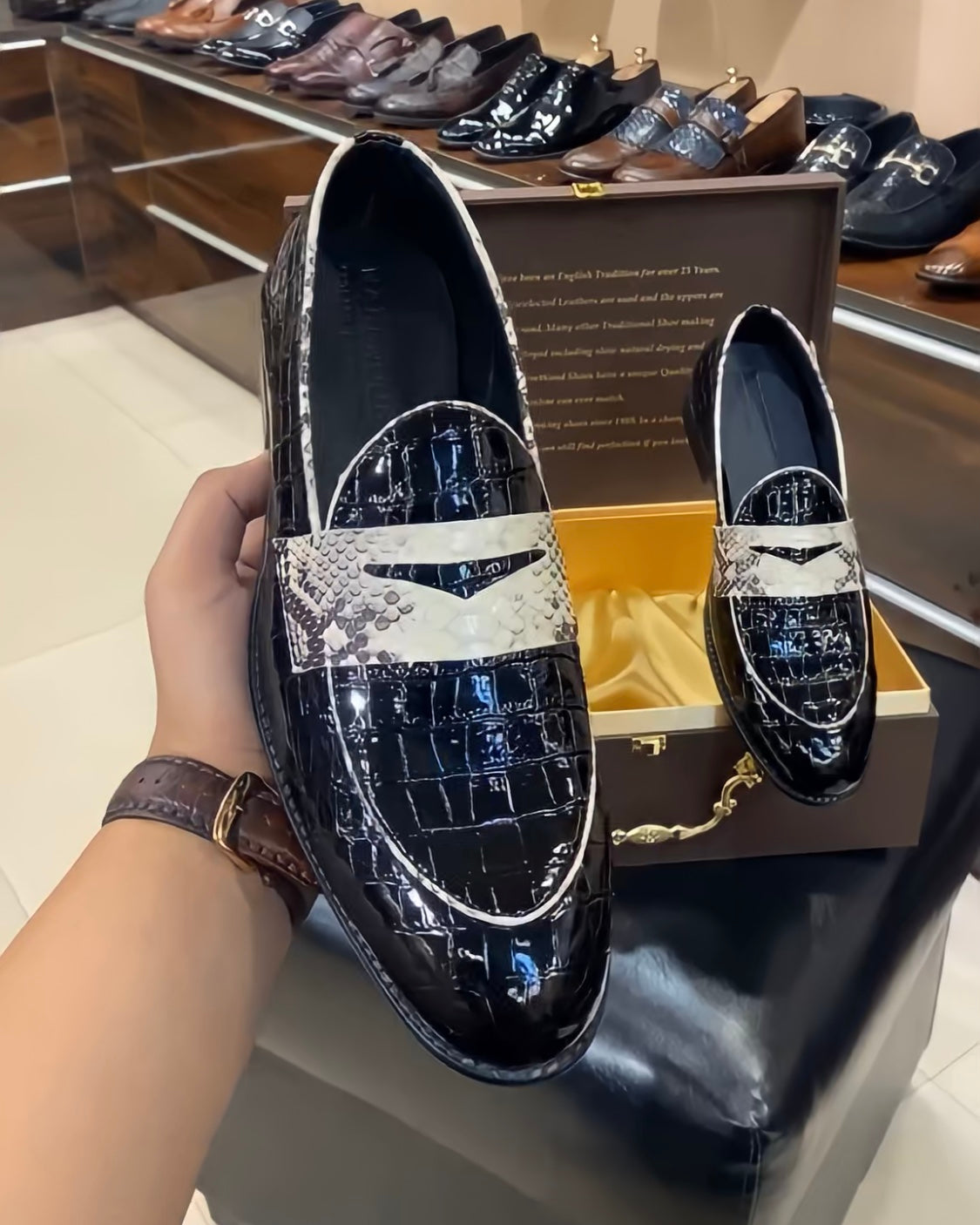 Black Patent Croco Python Strap Slip-ons