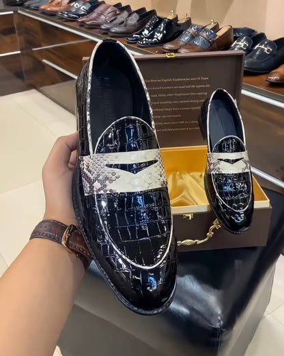 Black Patent Croco Python Strap Slip-ons