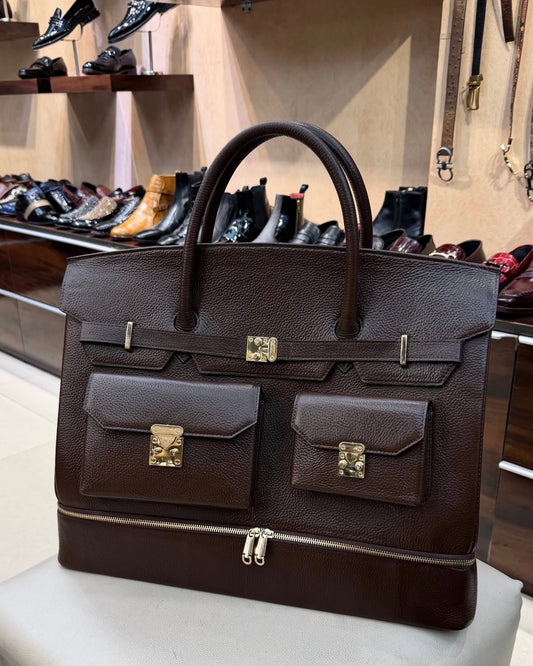 Dark Brown Full Grain Leather Travel Bag with Bottom Shoe Compartment
