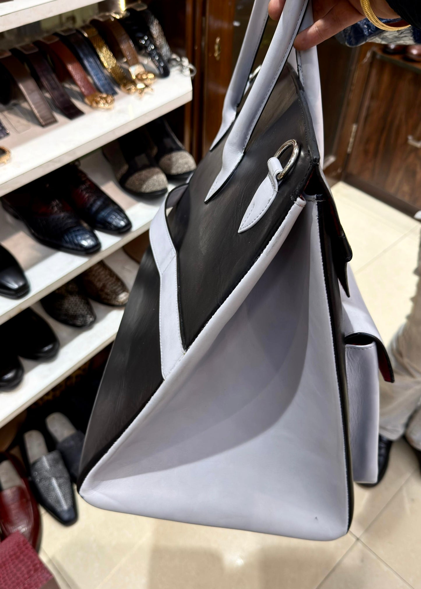 Custom Grey & Black Calfskin Leather Duffel Bag