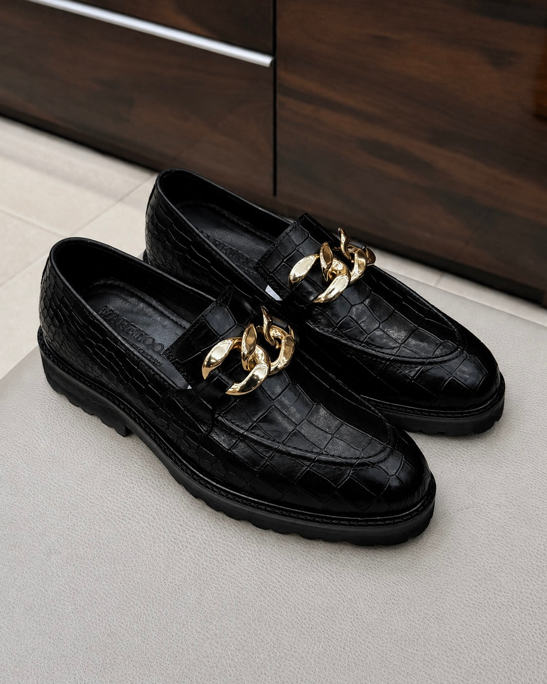 Black Crocodile Chunky Loafers With Gold Chain