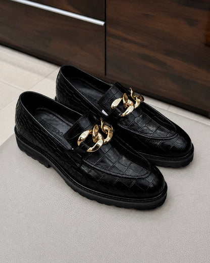 Black Crocodile Chunky Loafers With Gold Chain