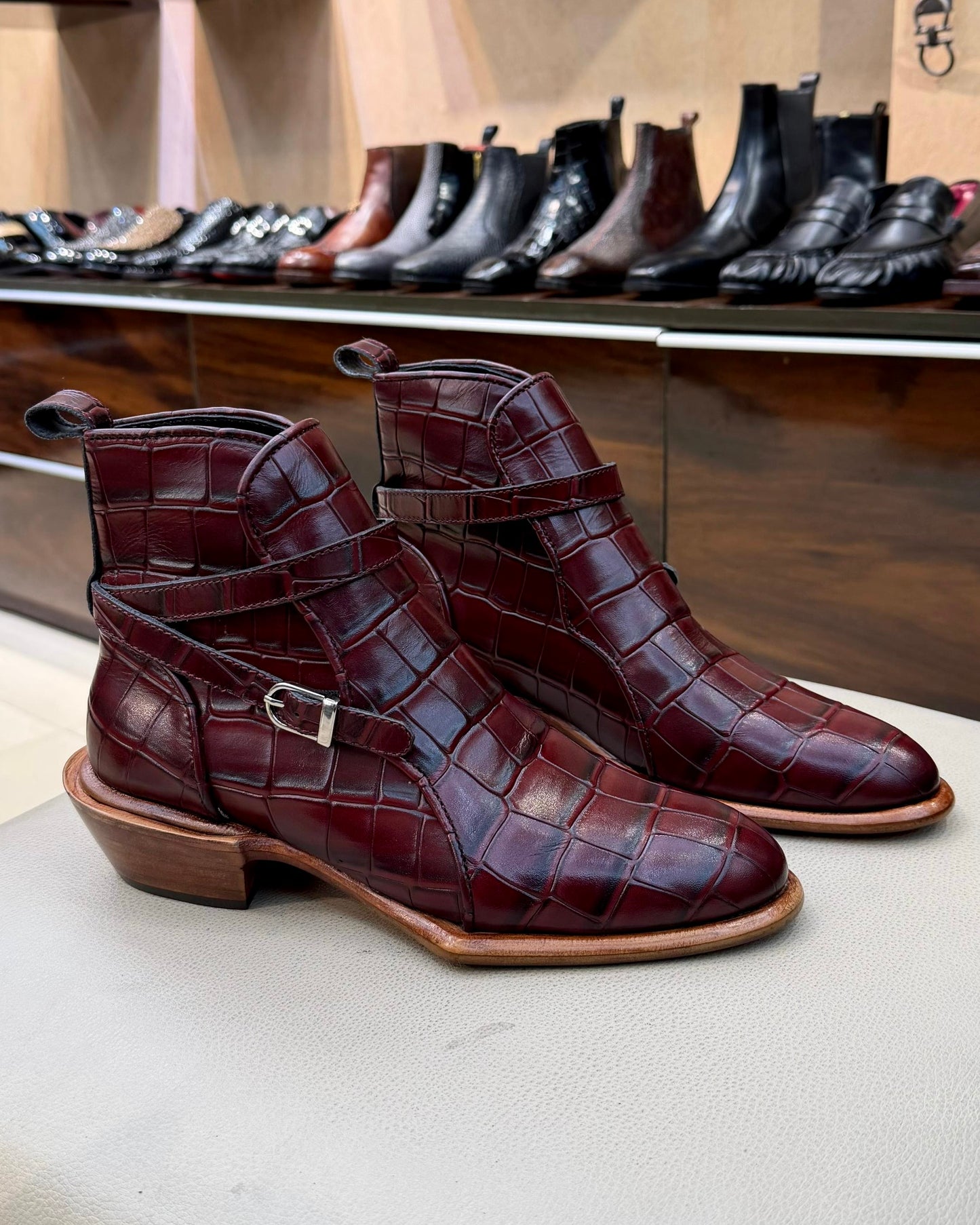 Burgundy Crocodile Scaled Jodhpur Boots with Cuban Heel