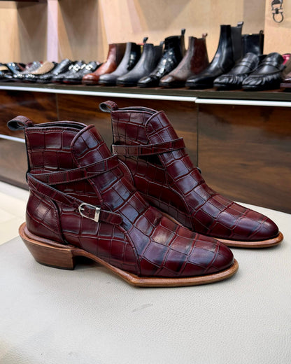 Burgundy Crocodile Scaled Jodhpur Boots with Cuban Heel