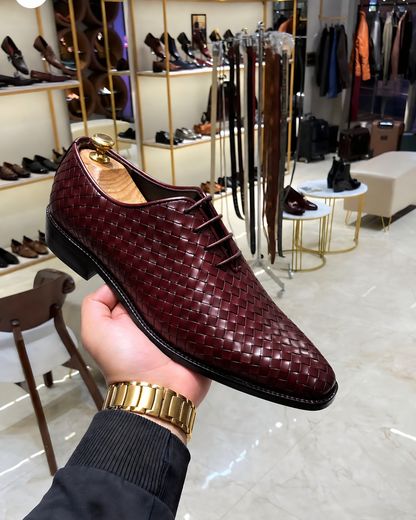 Burgundy Hand-Woven Leather Wholecut Oxfords