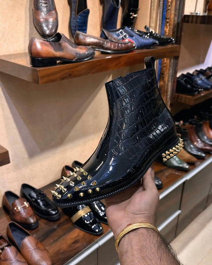 Luxe Edition Patent Croc Gold Studded Zipper Boots