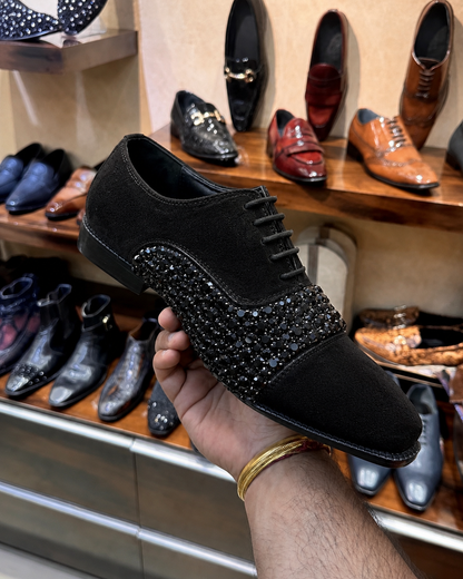 Black Suede Diamond Studded Oxfords With Red Bottom