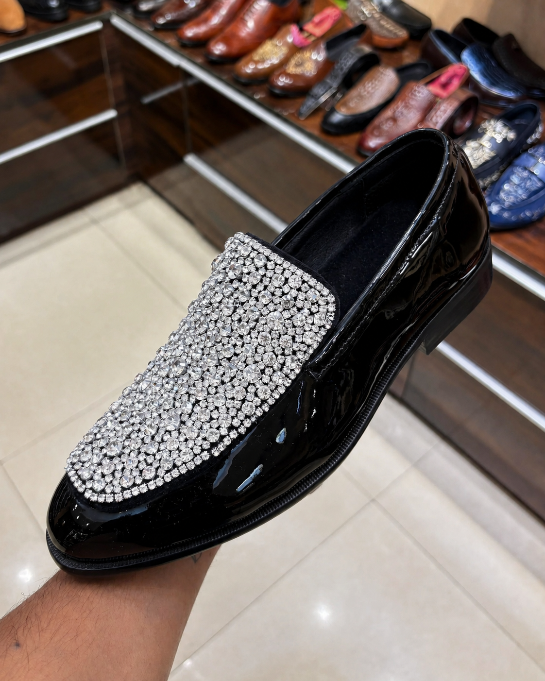 Black Patent Leather White Diamond Studded Loafers