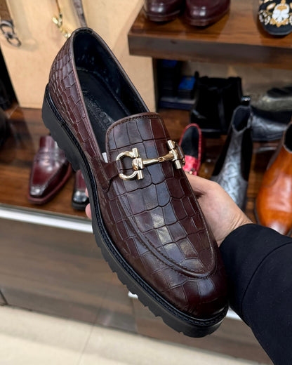Brown Deep-cut Crocodile Scaled Horsebit Loafers with Lug Sole