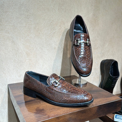 Burnished Brown Cobra Scaled Moccasins with Antique Metal Buckle