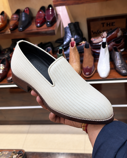 Cream Raw Silk Thread Design Loafers with Brown Sole