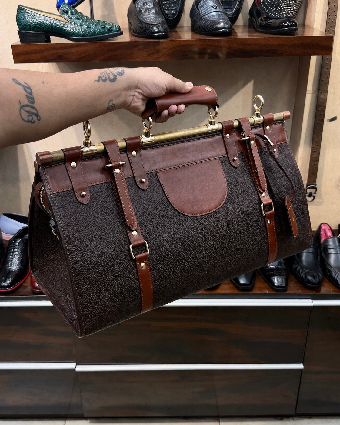 Two-tone Dark Brown Duffle Bag with Zip Lock