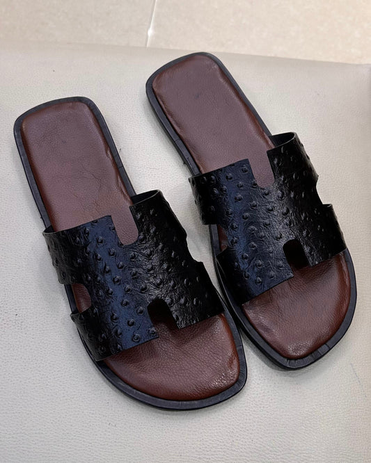 Exotic Black Ostrich Scaled Slides