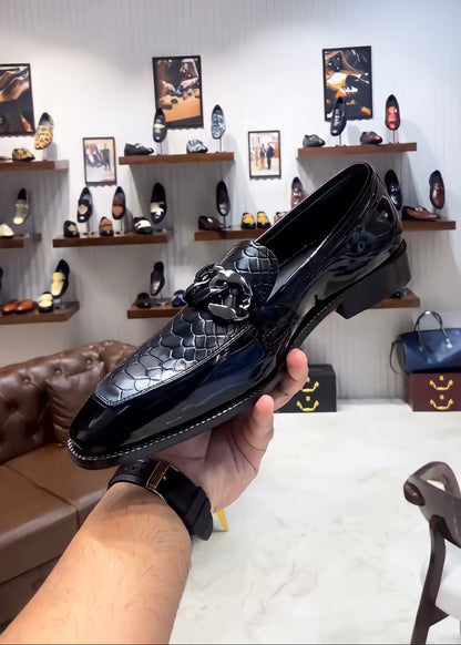 Black Patent Cobra Scaled Spectator Loafers with Chain Buckle