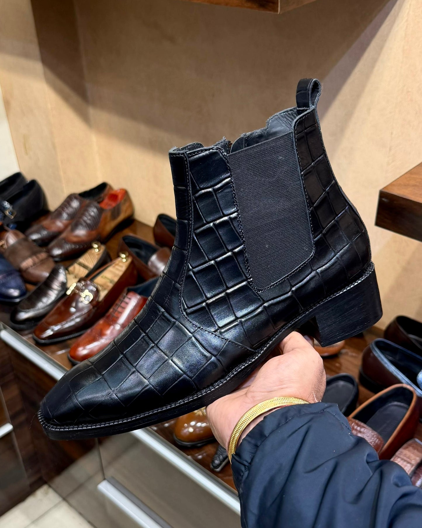 Black Deep-cut Crocodile Scaled Chelsea Boots with Zip