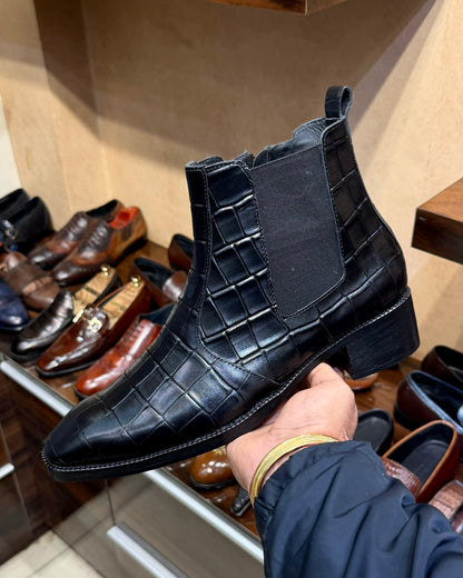 Black Deep-cut Crocodile Scaled Chelsea Boots with Zip