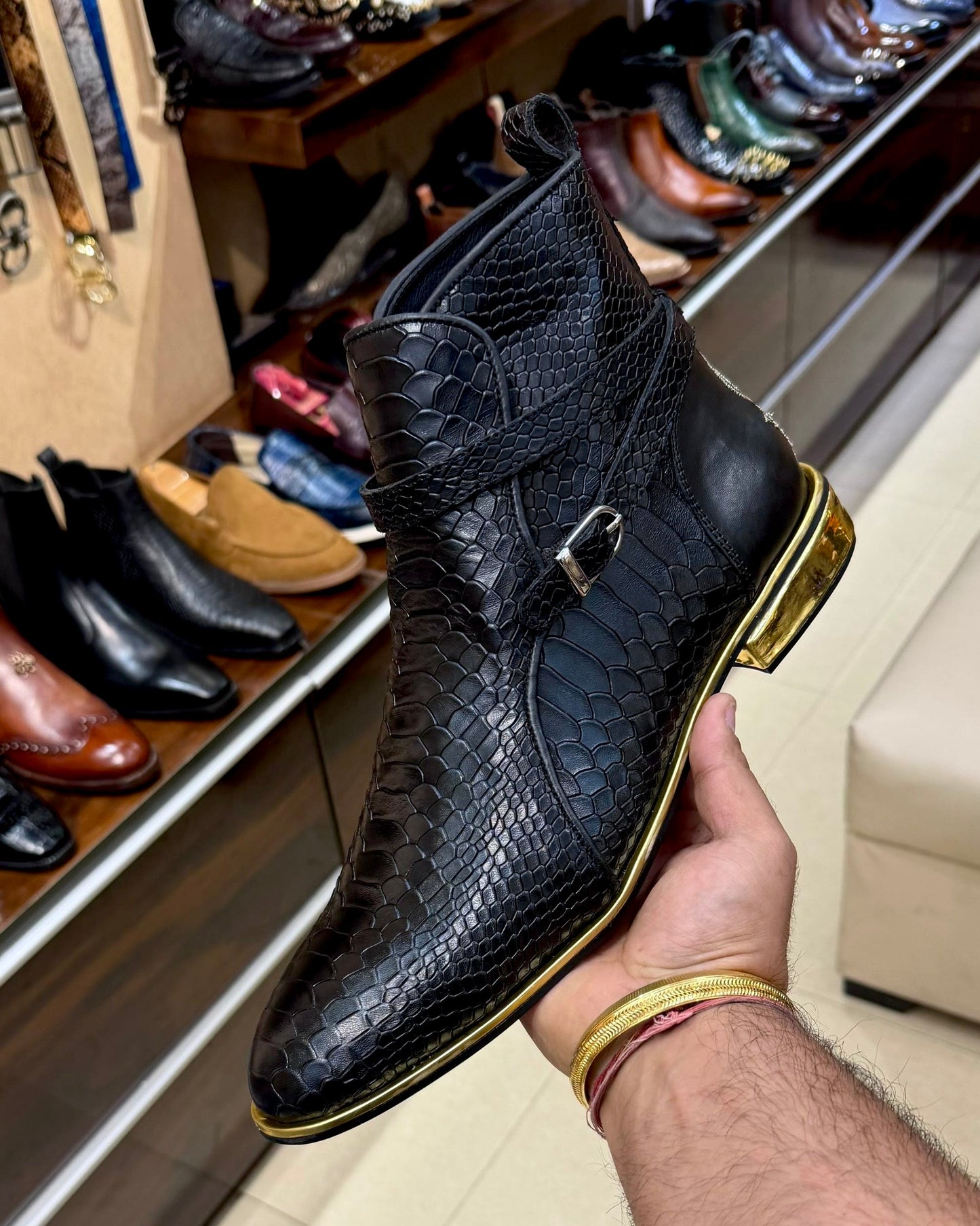 Black Cobra Scaled Jodhpur Boots with Gold Heel & Side Welt