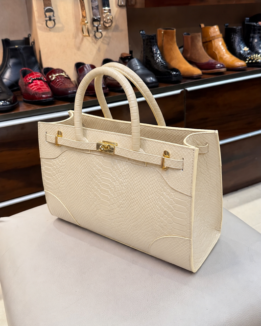 Cream Cobra Scaled Top Handle Handbag
