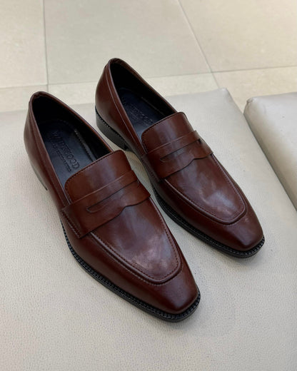 Cognac Brown Square Toe Penny Loafers
