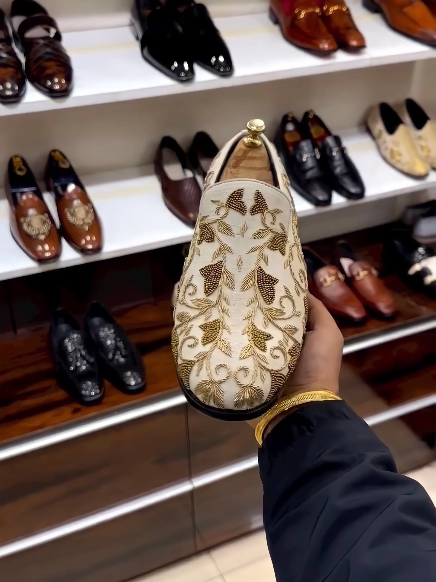Off-white Raw Silk Hand-embroidered Slip-ons