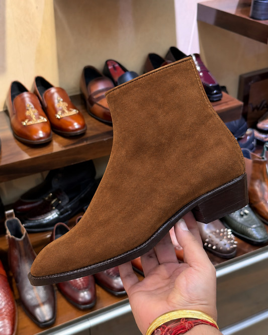 Tobacco Suede Zip Boots with Brown Sole