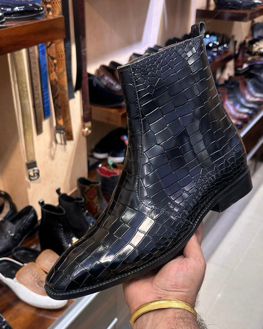 Smooth Black Crocodile Leather Zip Boots with Chisel Toe