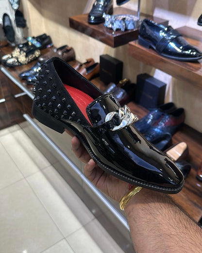 Patent Studded Moccasins with Silver Chain