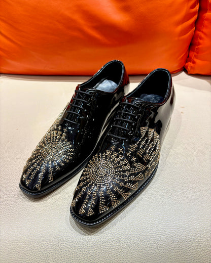 Black Patent Leather Gold Hand-embroidered Oxfords